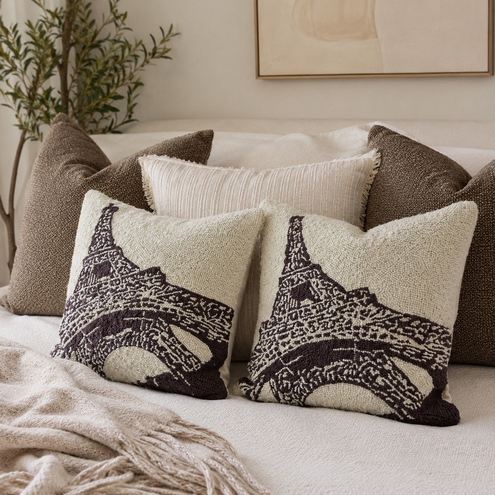 Peking Eiffel Tower Hand Hooked Wool Throw Pillows 18x18 Cream Brown Paris